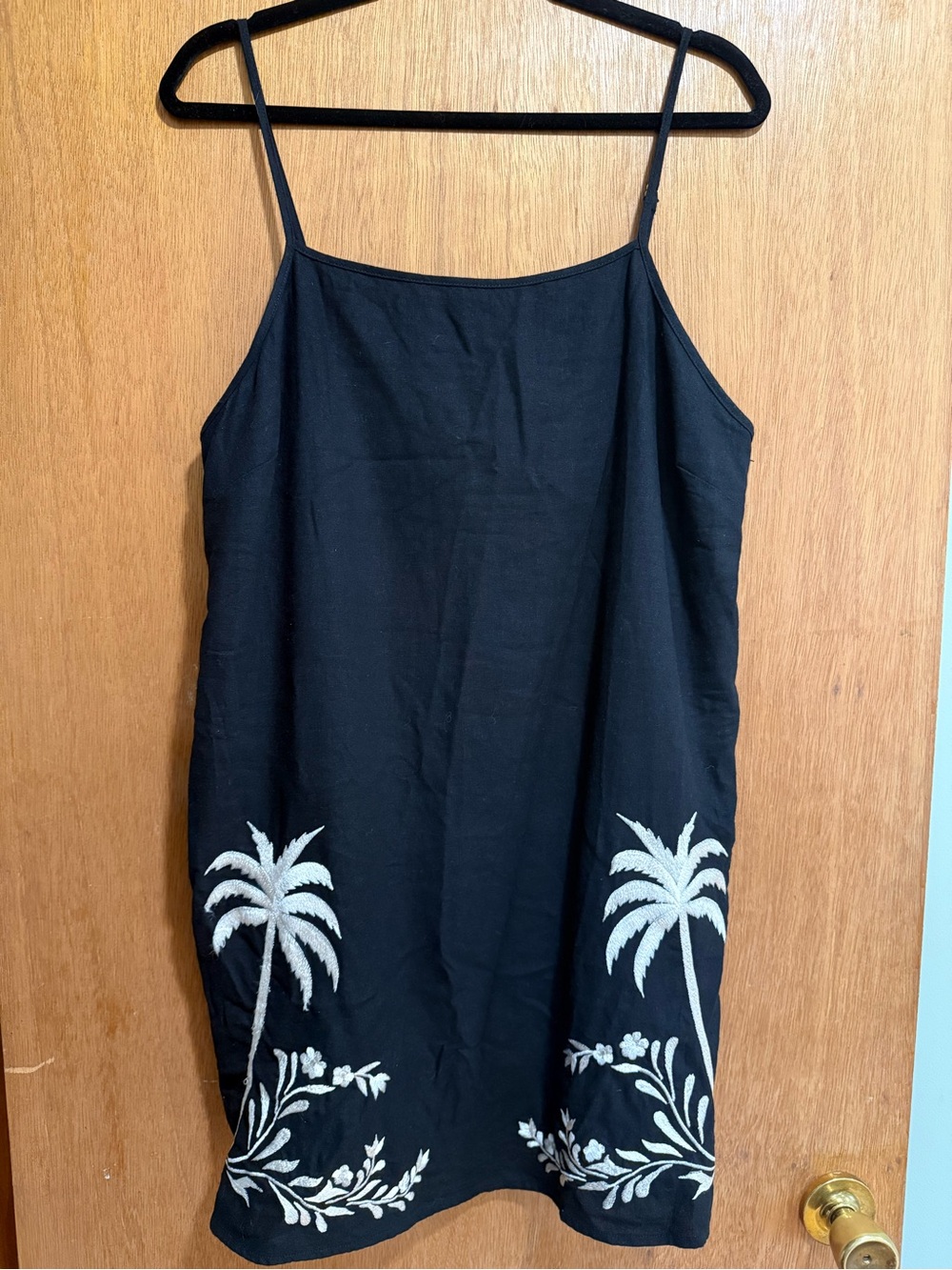 Black Palm-Embroidered Slip Dress Linen Blend
